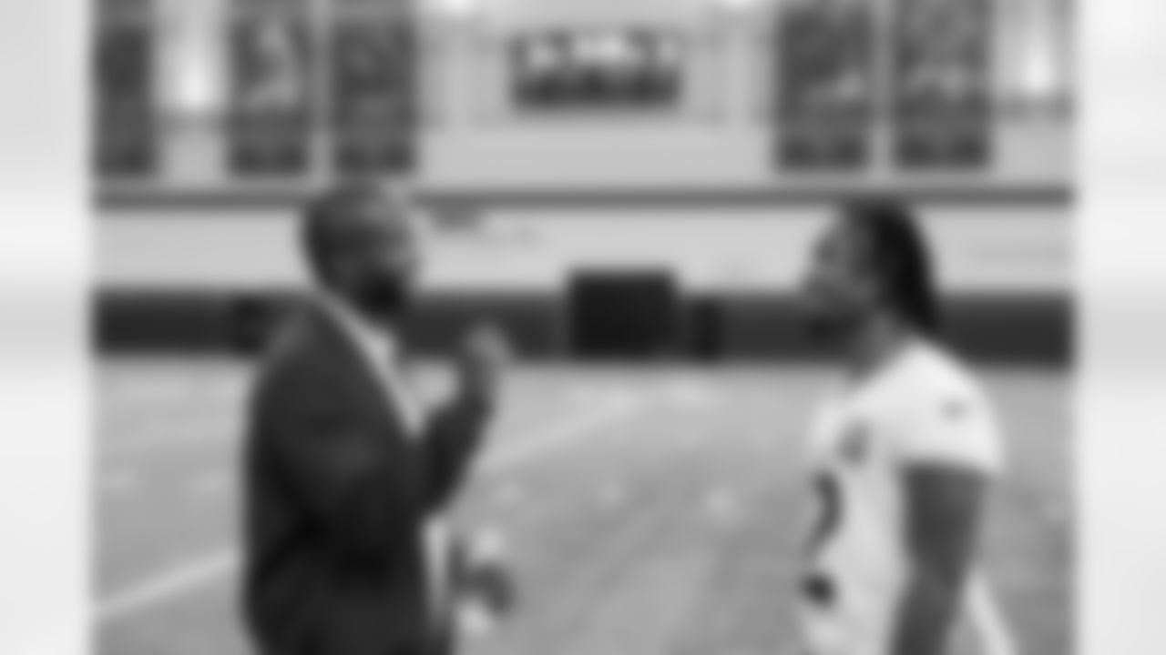 Champ Bailey and Jahdae Barron during a visit to watch OTA practice on Tuesday, June 3, 2025 at Broncos Park Powered by CommonSpirit in Englewood, Colorado.
Photo by Gabriel Christus / Denver Broncos