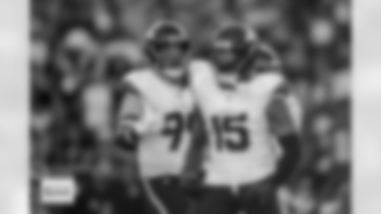 Denver Broncos linebacker Nik Bonitto (15) celebrates with defensive end Zach Allen (99) after a sack during the Broncos' Week 5 game against the Philadelphia Eagles at Lincoln Financial Field in Philadelphia, Pennsylvania on October 5, 2025. Photo by Gabriel Christus / Denver Broncos