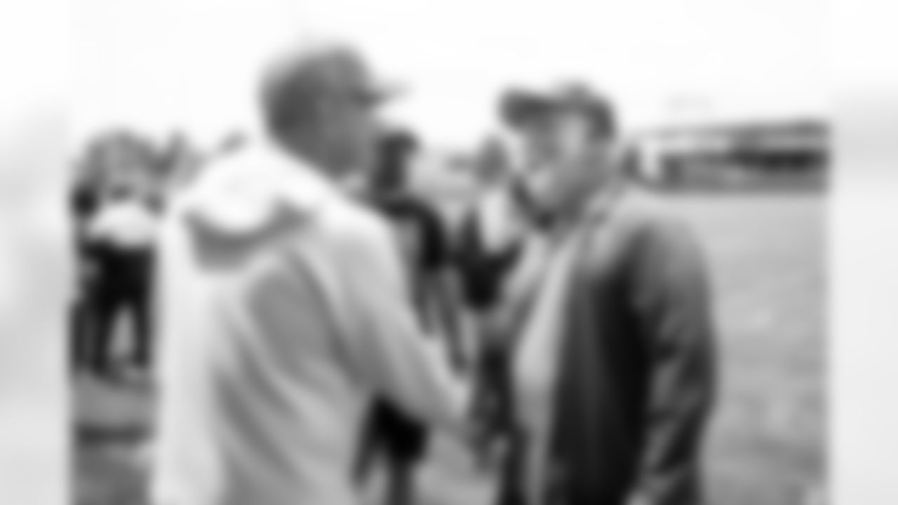 Sean Payton greets high school coaches at an OTA practice at Broncos Park Powered by CommonSpirit in Englewood, Colorado on May 28, 2025. Photo by Ben Swanson / Denver Broncos