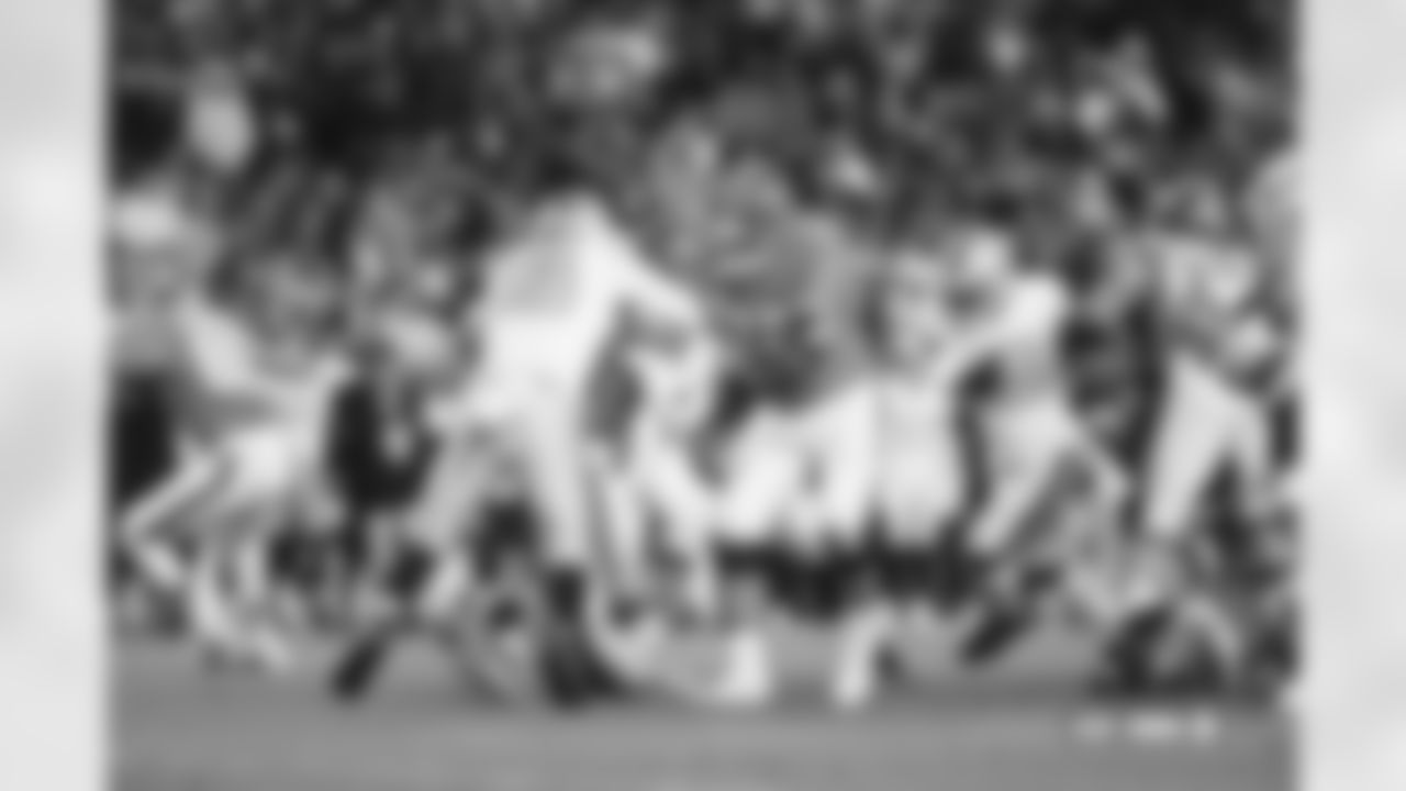 Las Vegas Raiders defensive end Charles Snowden (49) tackles Denver Broncos running back J.K. Dobbins (27) photographed on film during the Broncos' Week 10 game against the Las Vegas Raiders at Empower Field at Mile High in Denver, Colorado on November 7, 2025. Photo by Gabriel Christus / Denver Broncos