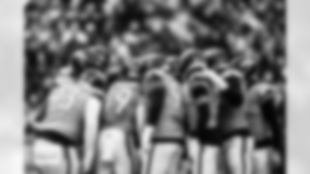 The defense huddles together during the AFC Championship Game between the Denver Broncos and New England Patriots at Empower Field at Mile High in Denver, Colorado on January 25, 2026. Photo by Ben Swanson / Denver Broncos