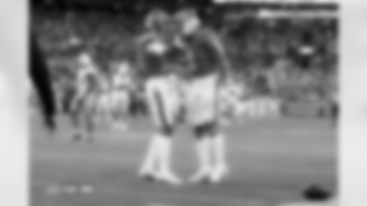 Troy Franklin and Evan Engram (1) during the Broncos' Week 18 game against the Los Angeles Chargers at Empower Field at Mile High in Denver, Colorado on January 4, 2026. Photo by Gavin Liddell / Denver Broncos