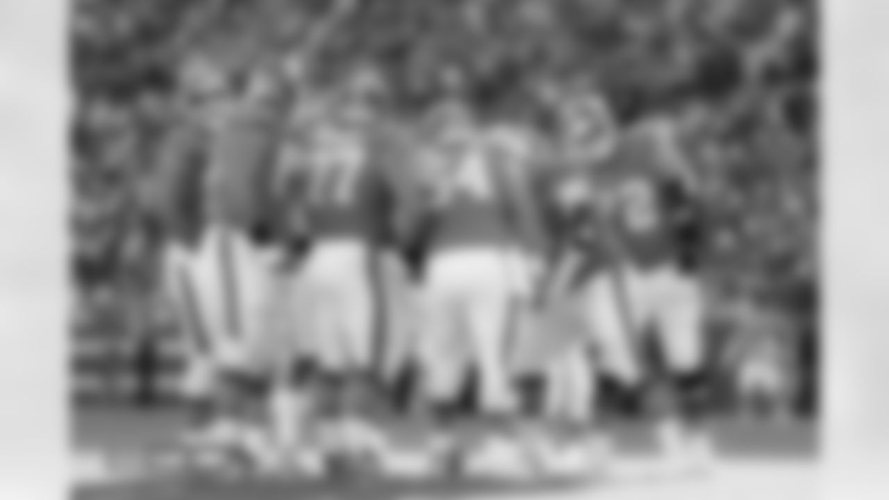 Quinn Meinerz, Alex Forsyth and the offense huddle during the Broncos' Week 18 game against the Los Angeles Chargers at Empower Field at Mile High in Denver, Colorado on January 4, 2026. Photo by Gabriel Christus / Denver Broncos