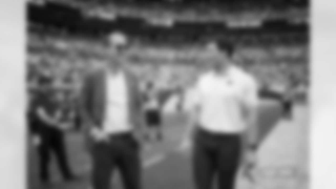 Payton Manning and Luke Kuechly before the Broncos' Week 8 game against the Carolina Panthers at Empower Field at Mile High in Denver, Colorado on October 27, 2024. Photo by Gabriel Christus / Denver Broncos