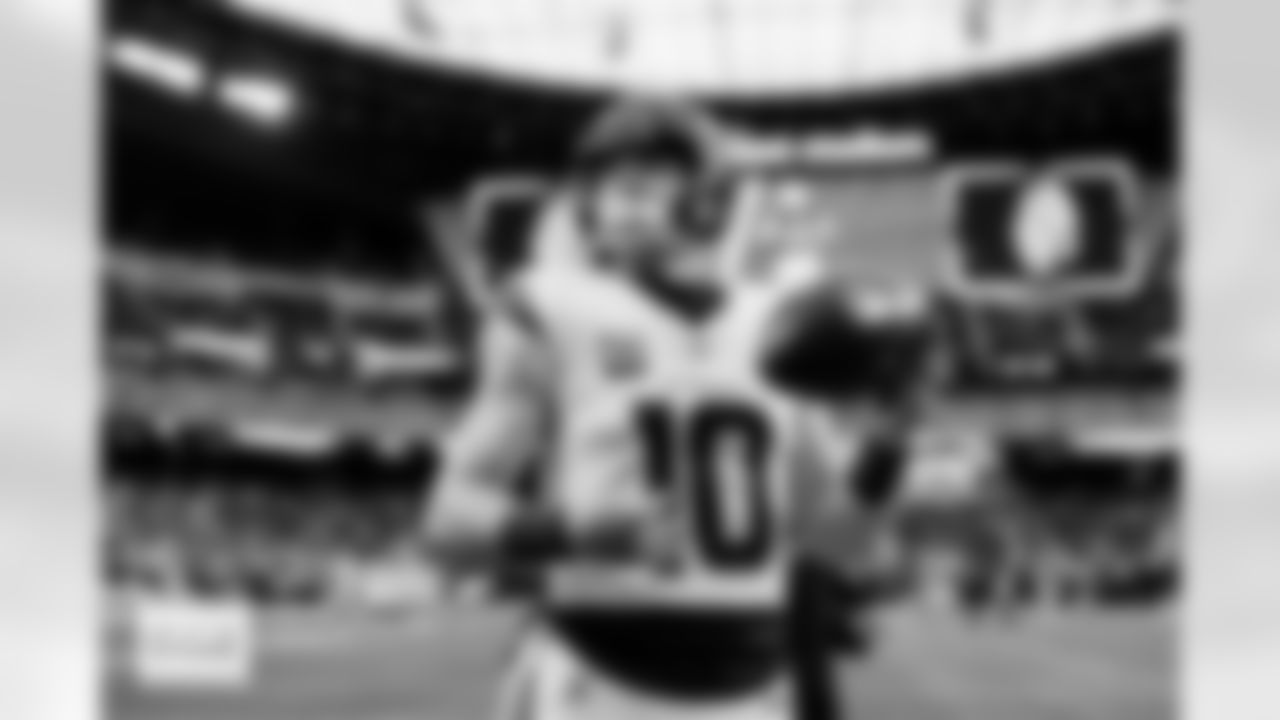 Denver Broncos quarterback Bo Nix (10) looks on before the Broncos' Week 14 game against the Las Vegas Raiders at Allegiant Stadium in Las Vegas, Nevada on December 7, 2025. Photo by Ben Swanson / Denver Broncos