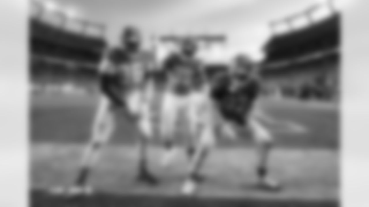 Eyioma Uwazurike, Sai'vion Jones and Malcolm Roach during the Broncos' Week 18 game against the Los Angeles Chargers at Empower Field at Mile High in Denver, Colorado on January 4, 2026. Photo by Gabriel Christus / Denver Broncos