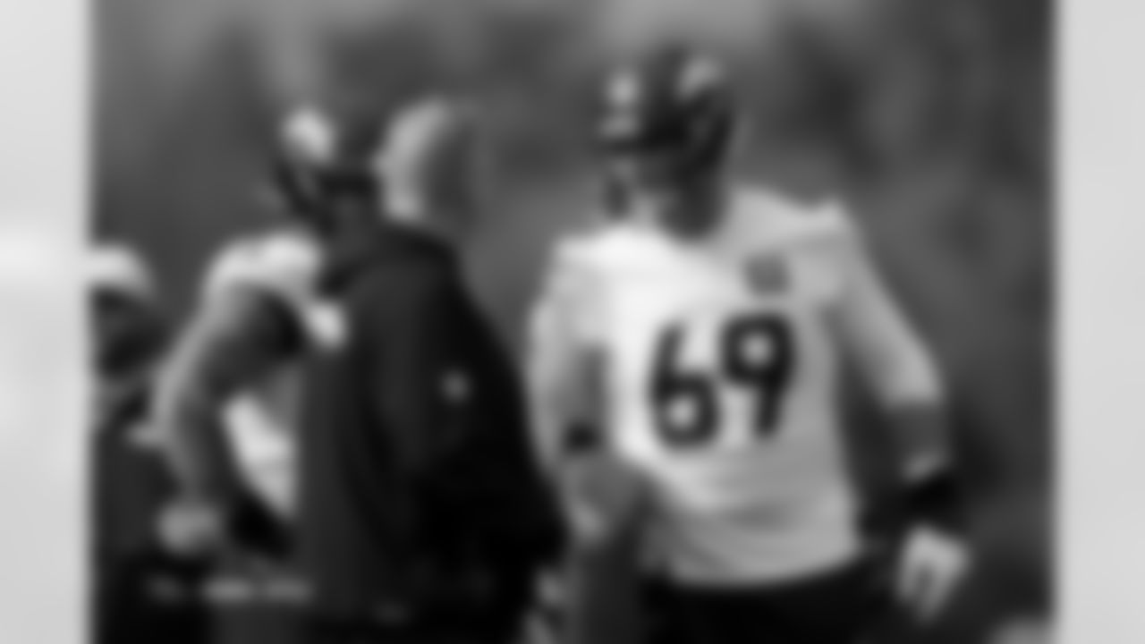 Mike McGlinchey and Chris Morgan during practice at Tottenham Hotspur Football Club Training Ground in Enfield, England on October 8, 2025. Photo by Gabriel Christus / Denver Broncos