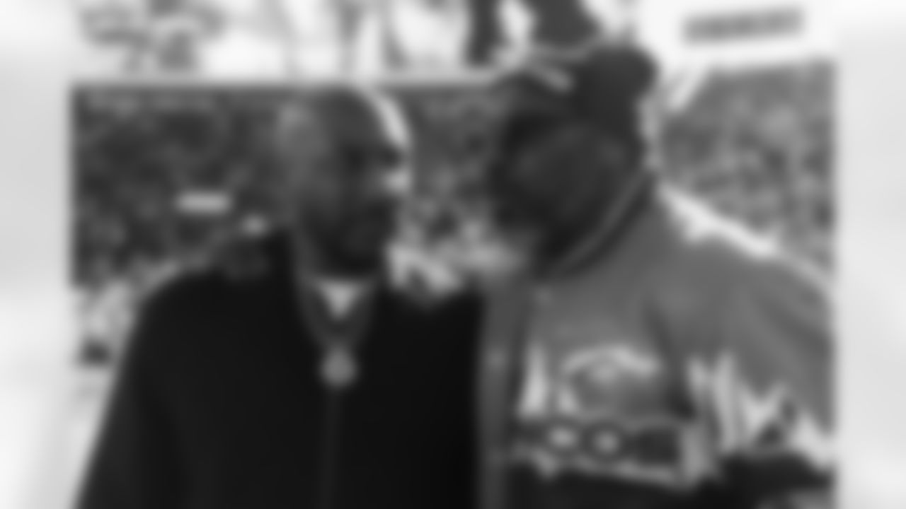 Aqib Talib and Shannon Sharpe before the Broncos' Divisional Round playoff game against the Buffalo Bills at Empower Field at Mile High in Denver, Colorado on January 17, 2026. Photo by Gabriel Christus / Denver Broncos