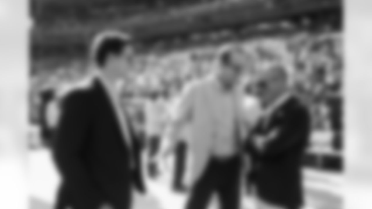 Peyton Manning and Greg Penner before the Broncos' Week 5 game against the Las Vegas Raiders at Empower Field at Mile High in Denver, Colorado on October 6, 2024. Photo by Gabriel Christus / Denver Broncos