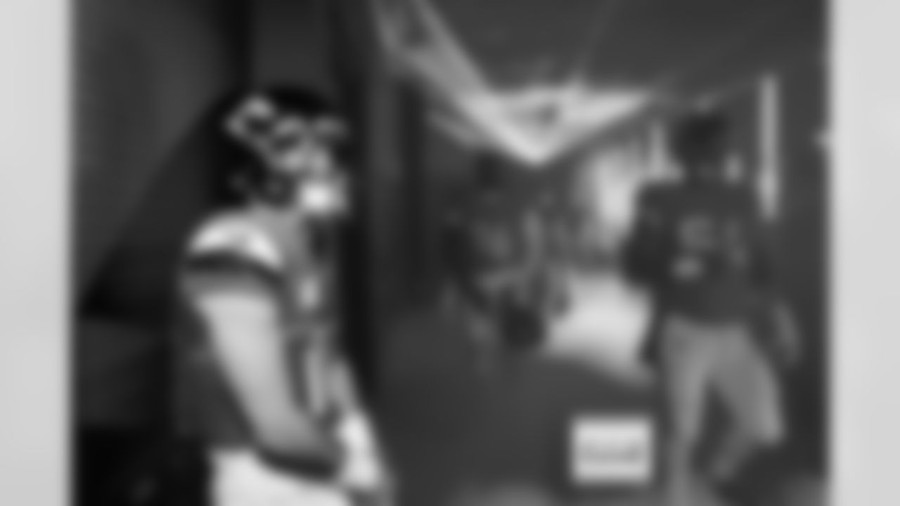 Denver Broncos quarterback Bo Nix (10) rests in the tunnel for team introductions before the Broncos' Week 11 game against the Kansas City Chiefs at Empower Field at Mile High in Denver, Colorado on November 16, 2025. Photo by Gabriel Christus / Denver Broncos