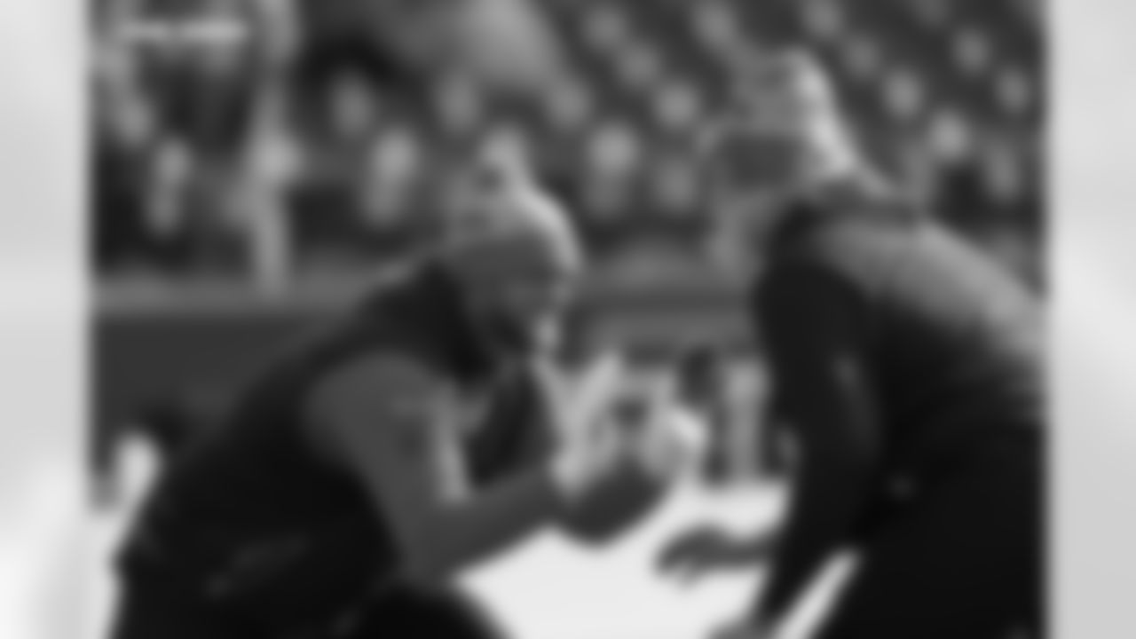 Mike McGlinchey (69) before the AFC Championship Game between the Denver Broncos and New England Patriots at Empower Field at Mile High in Denver, Colorado on January 25, 2026. Photo by Gabriel Christus / Denver Broncos