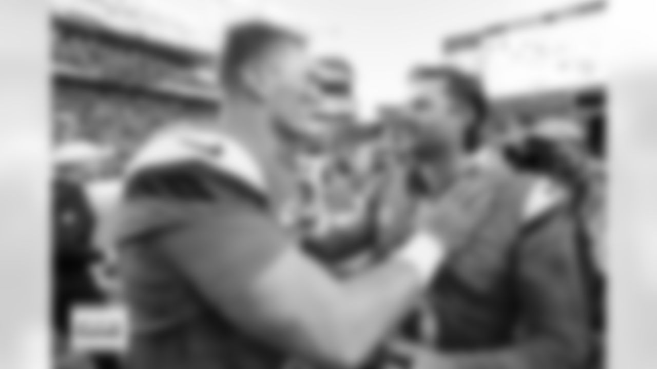 Bo Nix and Wil Lutz after the Broncos' Week 7 game against the New York Giants at Empower Field at Mile High in Denver, Colorado on October 19, 2025. Photo by Gabriel Christus / Denver Broncos