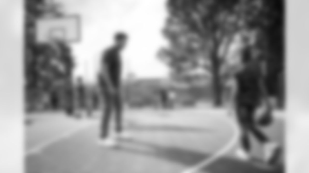 Elijah Garcia plays basketball during a visit to the Denver Broncos Boys & Girls Club in Denver, Colorado on April 24, 2024. Photo by Ben Swanson / Denver Broncos