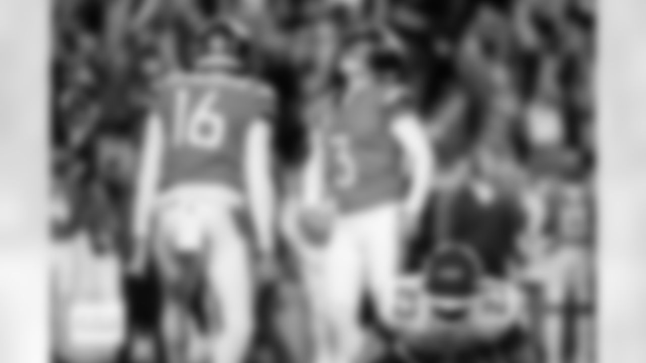 Denver Broncos placekicker Wil Lutz (3) smiles as he celebrates the game-winning field goal with punter Jeremy Crawshaw (16) during the Broncos' Week 11 game against the Kansas City Chiefs at Empower Field at Mile High in Denver, Colorado on November 16, 2025. Photo by Ben Swanson / Denver Broncos