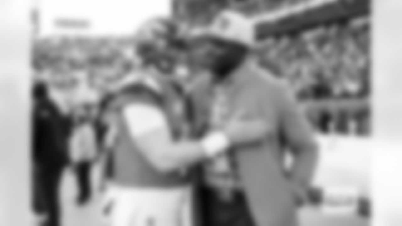 Denver Broncos quarterback Bo Nix (10) and DeMarcus Ware before the Broncos' Divisional Round playoff game against the Buffalo Bills at Empower Field at Mile High in Denver, Colorado on January 17, 2026. Photo by Ben Swanson / Denver Broncos