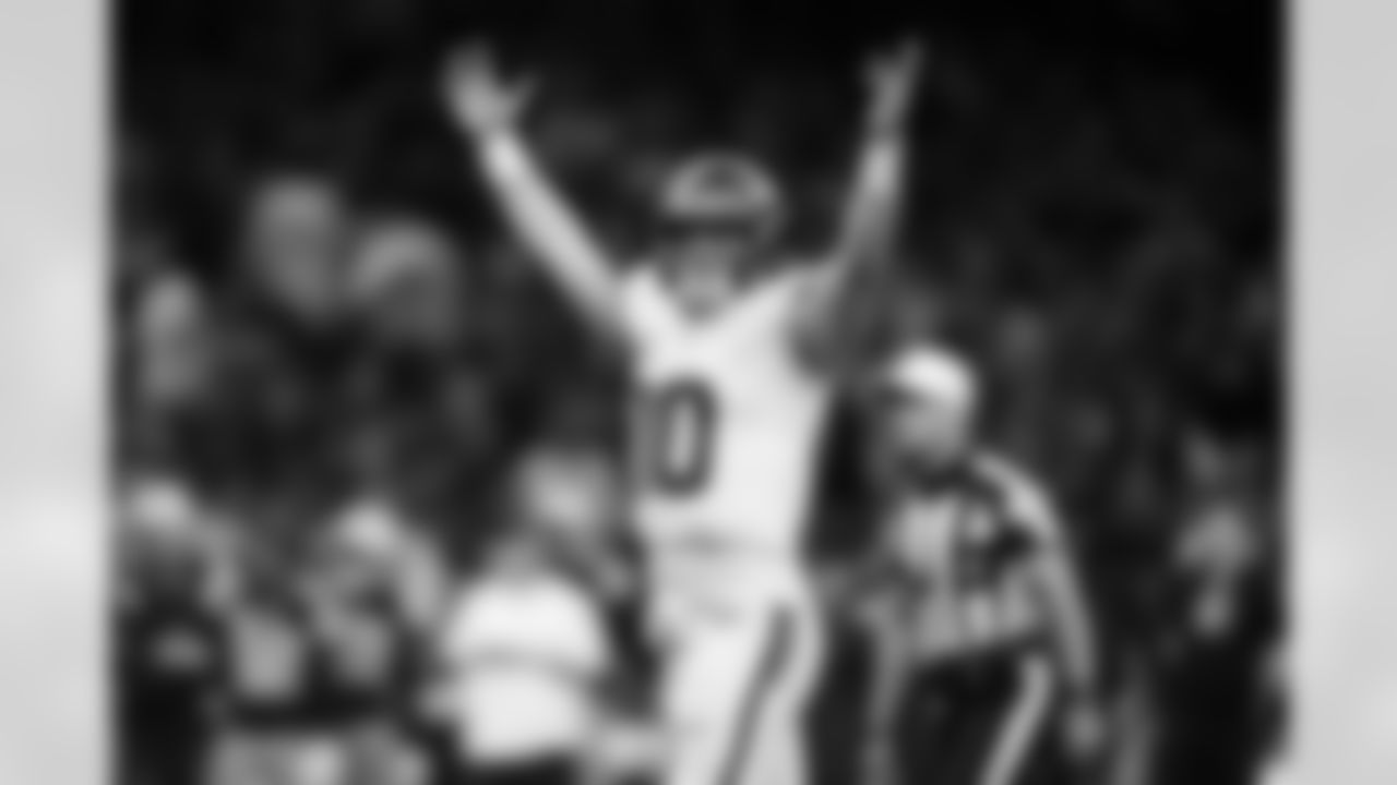 Denver Broncos quarterback Bo Nix (10) celebrates a touchdown during an NFL football game against the New Orleans Saints on Thursday, October 17, 2024 in New Orleans, Louisiana. (Cooper Neill/NFL)
