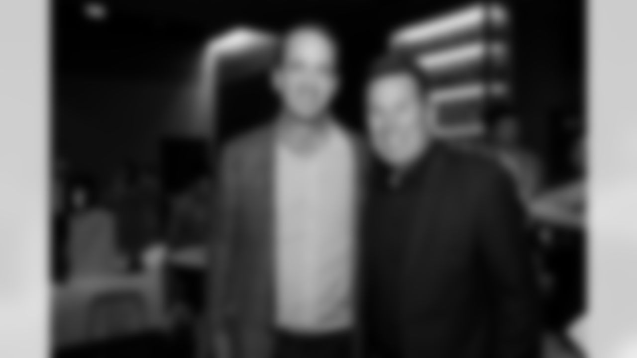 Hall of Famer Peyton Manning and Super Bowl 50 head coach Gary Kubiak at the Ring of Fame ceremony for Demaryius Thomas and the 10-year reunion of the Super Bowl 50 team at Empower Field at Mile High in Denver, Colorado on October 18, 2025. Photo by Gabriel Christus / Denver Broncos