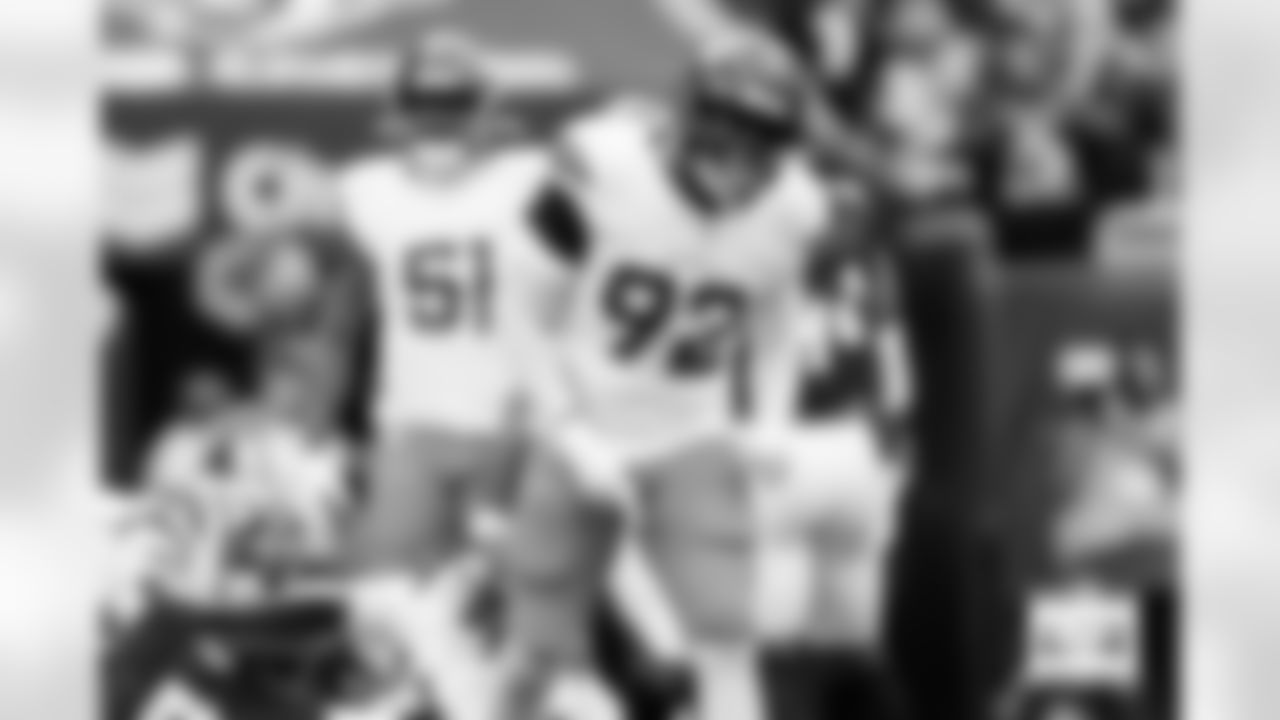 Denver Broncos linebacker Dondrea Tillman (92) reacts after stopping the Houston Texans at the goal line during the Broncos' Week 9 game against the Houston Texans at NRG Stadium in Houston, Texas on November 2, 2025. Photo by Gabriel Christus / Denver Broncos