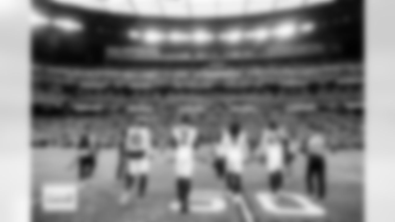 Denver Broncos quarterback Bo Nix (10), cornerback Pat Surtain II (2), safety Talanoa Hufanga (9) and linebacker Alex Singleton (49) walk out for the coin toss before the Broncos' Week 14 game against the Las Vegas Raiders at Allegiant Stadium in Las Vegas, Nevada on December 7, 2025. Photo by Gabriel Christus / Denver Broncos