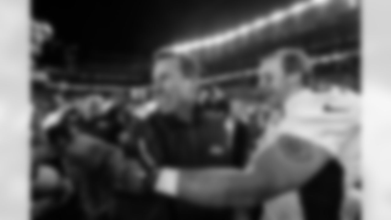 Denver Broncos Head Coach Gary Kubiak and Owen Daniels (81) begin celebrating during the final 23 seconds in the fourth quarter as Denver leads the Carolina Panthers 24-10 in the NFL Super Bowl 50 at Santa Clara, Calif. February 7, 2016 (Photo by Eric Lars Bakke/ Denver Broncos)
