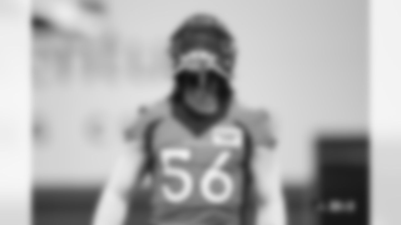 Baron Browning during practice at Centura Health Training Center in Englewood, Colorado on January 5, 2024. Photo by Ben Swanson / Denver Broncos