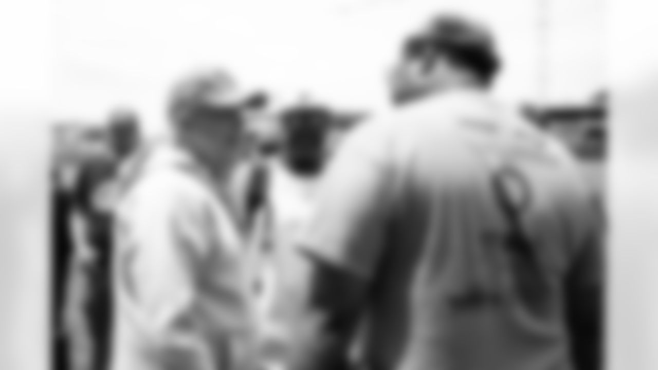 Sean Payton greets high school coaches at an OTA practice at Broncos Park Powered by CommonSpirit in Englewood, Colorado on May 28, 2025. Photo by Ben Swanson / Denver Broncos