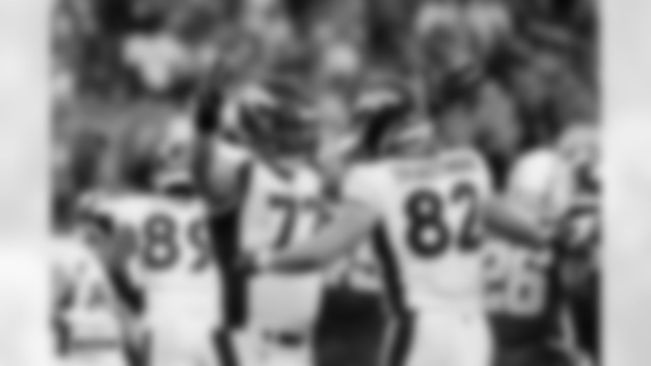 Garett Bolles and Adam Trautman during the Broncos' Week 14 game against the Los Angeles Chargers at SoFi Stadium in Inglewood, California on December 10, 2023. Photo by Ben Swanson / Denver Broncos