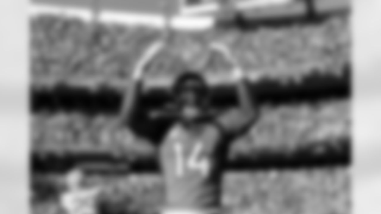 Denver Broncos wide receiver Courtland Sutton (14) celebrates after a touchdown pass during the Broncos' Week 7 game against the Green Bay Packers at Empower Field at Mile High in Denver, Colorado on October 22, 2023. Photo by Gabriel Christus / Denver Broncos