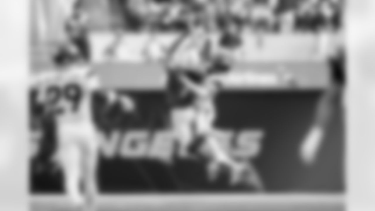 Denver Broncos cornerback Pat Surtain II (2) breaks up a pass intended for Los Angeles Chargers wide receiver Quentin Johnston (1) during the Broncos' Week 3 game against the Los Angeles Chargers at SoFi Stadium in Inglewood, California on September 21, 2025. Photo by Ben Swanson / Denver Broncos