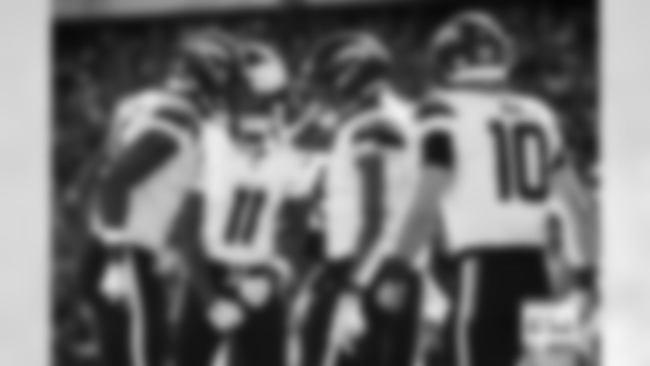 Denver Broncos tight end Evan Engram (1) celebrates with wide receiver Courtland Sutton (14), wide receiver Troy Franklin (11) and quarterback Bo Nix (10) after a touchdown during the Broncos' Week 5 game against the Philadelphia Eagles at Lincoln Financial Field in Philadelphia, Pennsylvania on October 5, 2025. Photo by Gabriel Christus / Denver Broncos