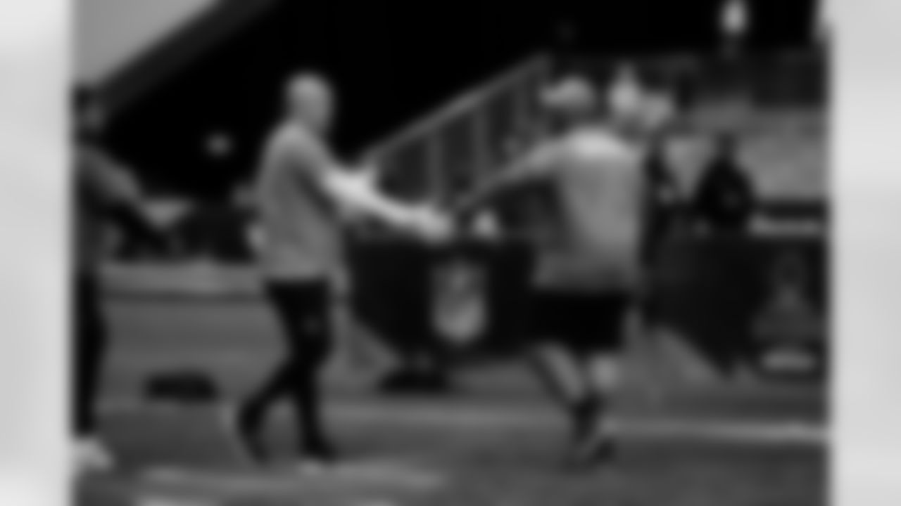 Denver Broncos offensive tackle Garett Bolles (72) and Buffalo Bills offensive tackle Dion Dawkins (73) celebrate during the 2026 Pro Bowl Skills Challenge on Monday, February 2, 2026 in San Francisco. (Kara Durrette/NFL)