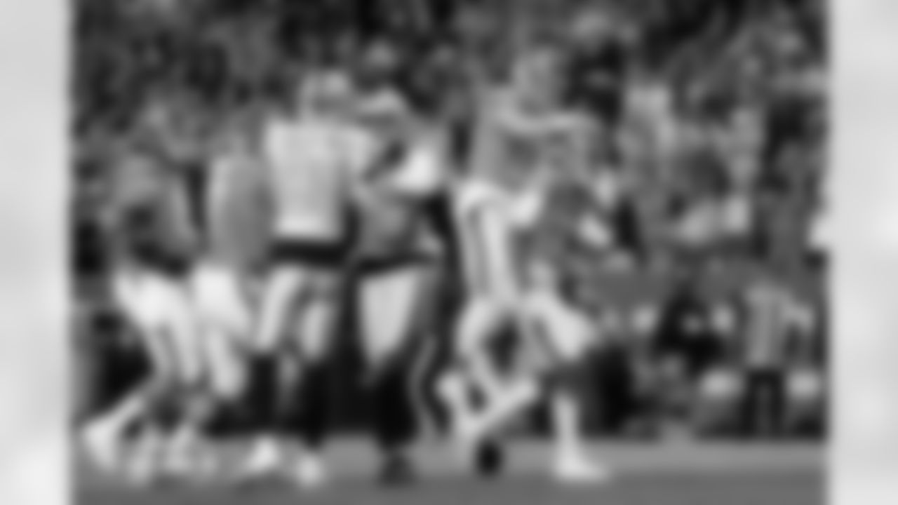 Bo Nix and Troy Franklin celebrate a touchdown during the Broncos' Week 10 game against the Las Vegas Raiders at Empower Field at Mile High in Denver, Colorado on November 6, 2025. Photo by Ben Swanson / Denver Broncos