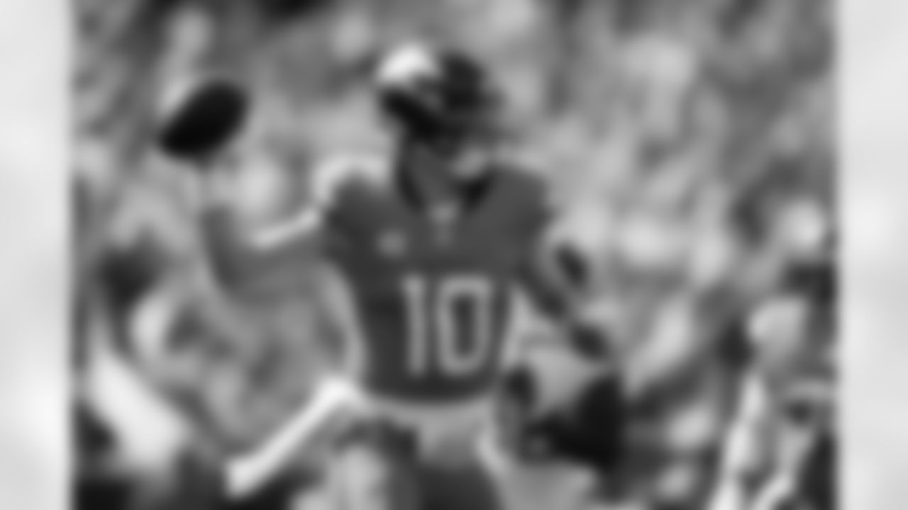 Denver Broncos quarterback Bo Nix (10) throws a pass during the Broncos' Week 1 game against the Tennessee Titans at Empower Field at Mile High in Denver, Colorado on September 7, 2025. Photo by Ben Swanson / Denver Broncos