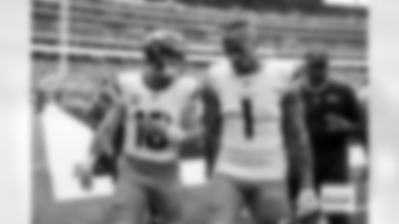 Denver Broncos quarterback Bo Nix (10) talks with tight end Evan Engram (1) as they walk off the field before the Broncos' Week 9 game against the Houston Texans at NRG Stadium in Houston, Texas on November 2, 2025. Photo by Gabriel Christus / Denver Broncos
