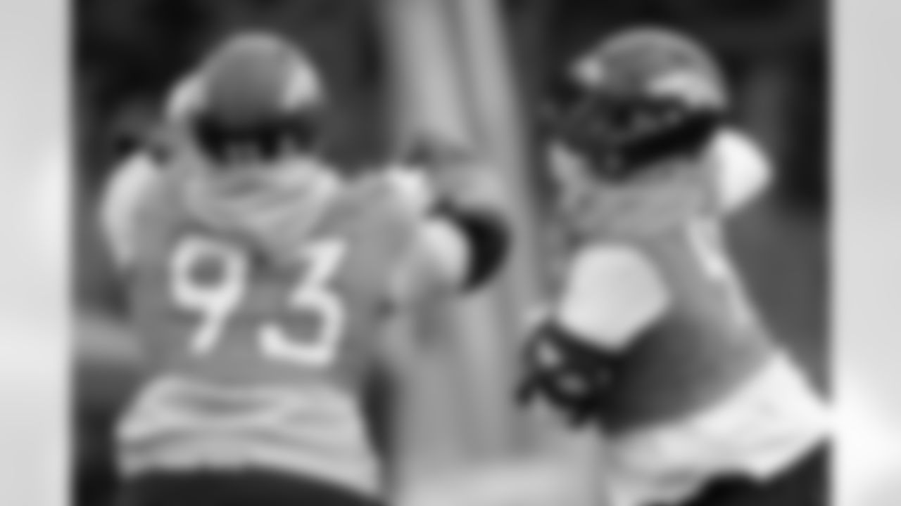 D.J. Jones and Jordan Jackson during practice at Tottenham Hotspur Football Club Training Ground in Enfield, England on October 9, 2025. Photo by Gabriel Christus / Denver Broncos