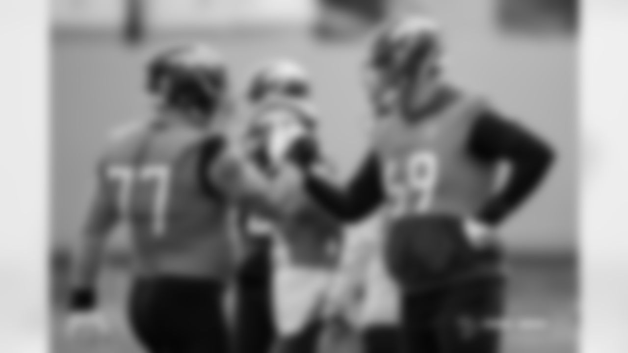 Quinn Meinerz and Mike McGlinchey during practice at Broncos Park Powered by CommonSpirit in Englewood, Colorado on November 26, 2025. Photo by Ben Swanson / Denver Broncos