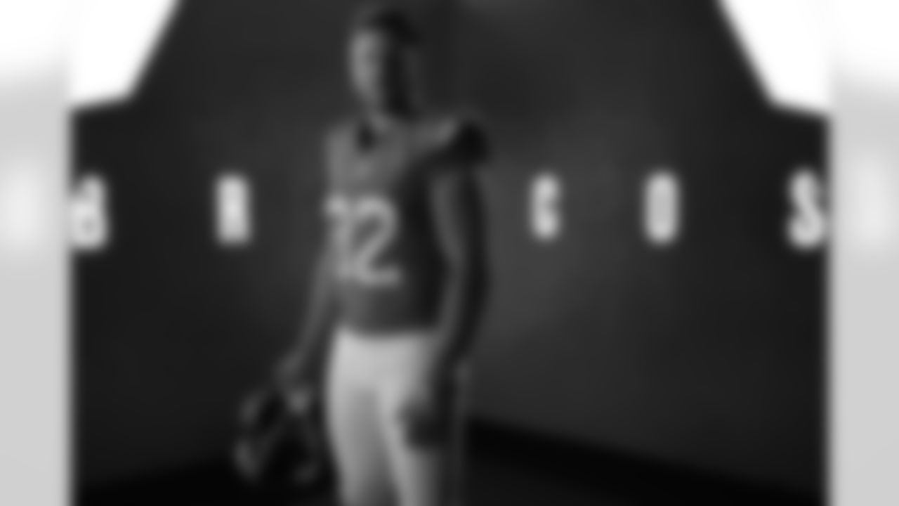 Adam Trautman poses during the filming of the 2025 in-stadium pregame hype video during media day.
Photo by Jamie Schwaberow / Denver Broncos