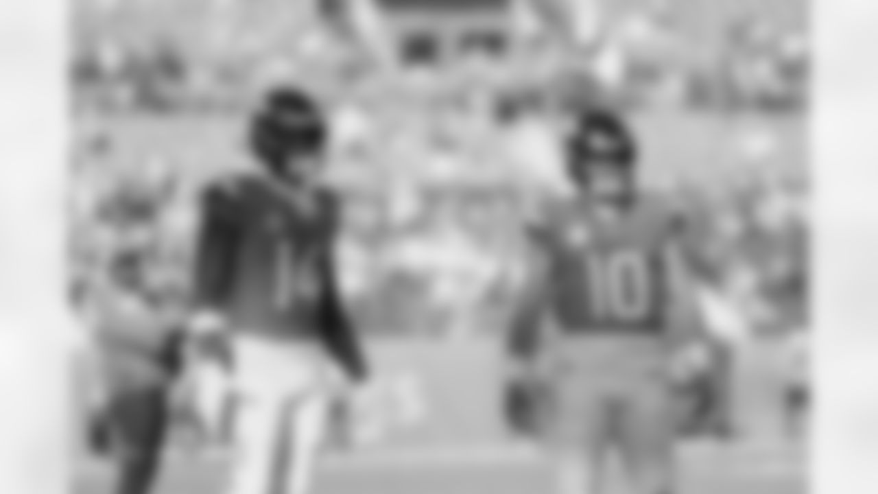 Courtland Sutton (14) and Bo Nix (10) before the Broncos' Week 11 game against the Kansas City Chiefs at Empower Field at Mile High in Denver, Colorado on November 16, 2025. Photo by Gabriel Christus / Denver Broncos