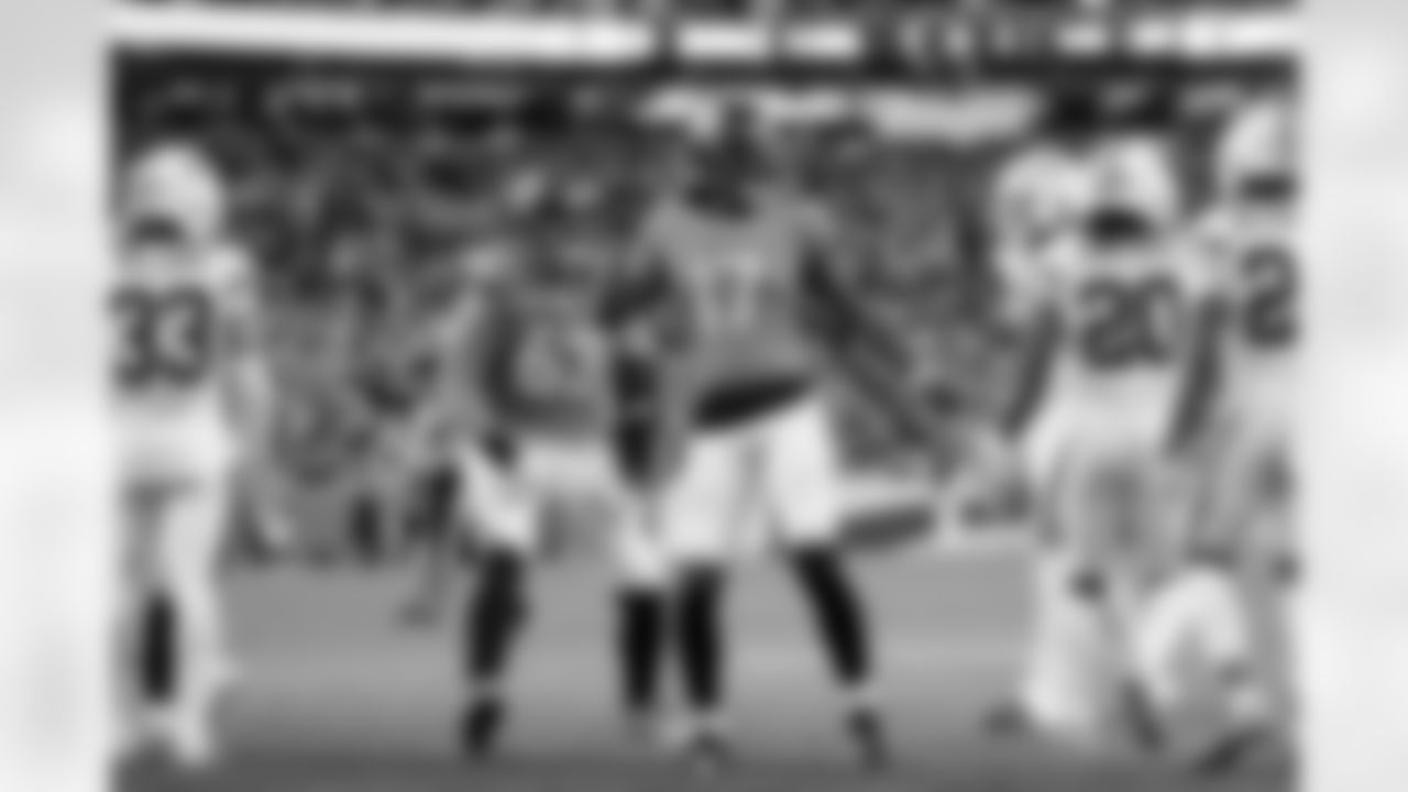 Denver Broncos wide receiver Lil'Jordan Humphrey (17) celebrates after a touchdown reception during the Broncos' Week 15 game against the Green Bay Packers at Empower Field at Mile High in Denver, Colorado on December 14, 2025. Photo by Ben Swanson / Denver Broncos