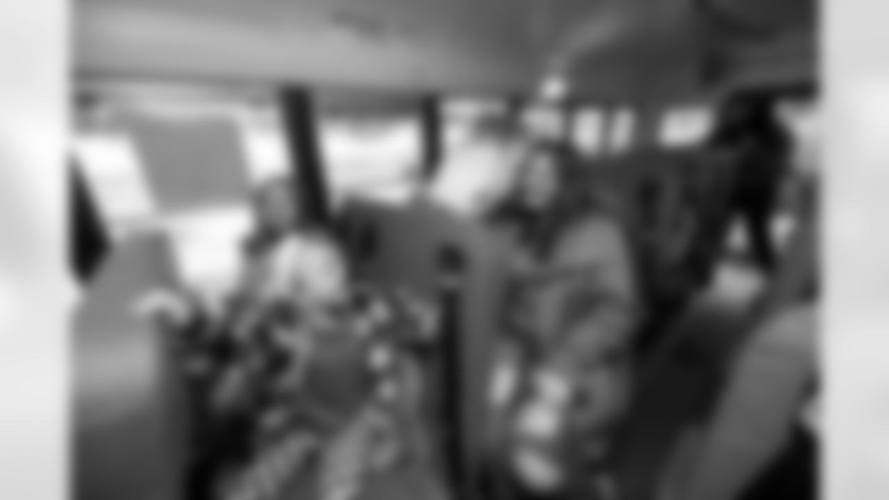 Miles the Mascot rode an Aurora Public Schools bus to pick up kids and accompany them to school as part of Random Acts of Kindness week in Aurora, Colorado on February 12, 2024. Photo by Gabriel Christus / Denver Broncos