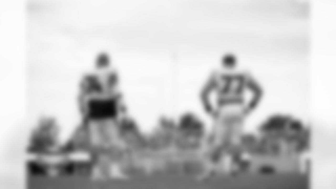 Ben Powers and Quinn Meinerz during a training camp practice at Broncos Park Powered by CommonSpirit on August 2, 2025 in Englewood, Colorado. Photo by Ben Swanson / Denver Broncos