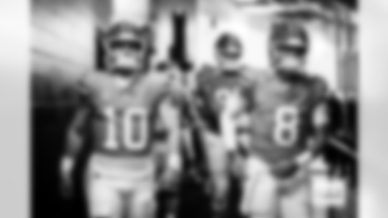 Denver Broncos quarterback Bo Nix (10) and quarterback Jarrett Stidham (8) walk through the tunnel before the Broncos' Week 10 game against the Las Vegas Raiders at Empower Field at Mile High in Denver, Colorado on November 6, 2025. Photo by Ben Swanson / Denver Broncos