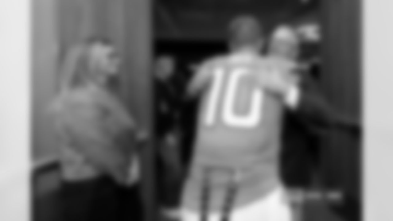 Bo Nix and Greg Penner during the Broncos' Week 7 game against the New York Giants at Empower Field at Mile High in Denver, Colorado on October 19, 2025. Photo by Gabriel Christus / Denver Broncos