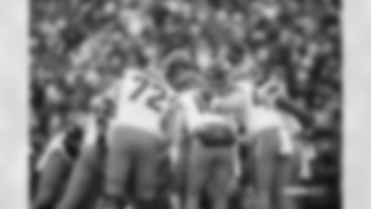 The offense huddles during the Broncos' Wild Card playoff game against the Buffalo Bills at Highmark Stadium in Orchard Park, New York on January 12, 2025. Photo by GABRIEL CHRISTUS / Denver Broncos