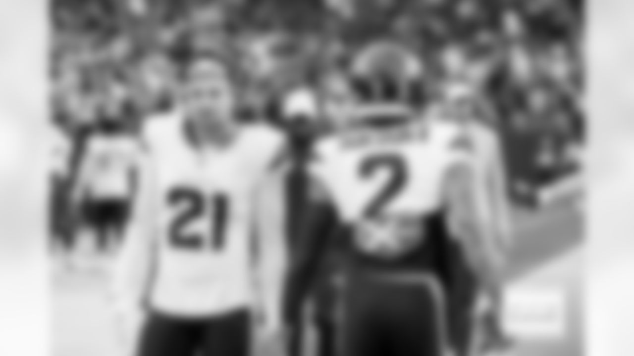 Denver Broncos cornerback Riley Moss (21) and cornerback Pat Surtain II (2) before the Broncos' Week 12 game against the Las Vegas Raiders at Allegiant Stadium in Las Vegas, Nevada on November 24, 2024. Photo by Gabriel Christus / Denver Broncos
