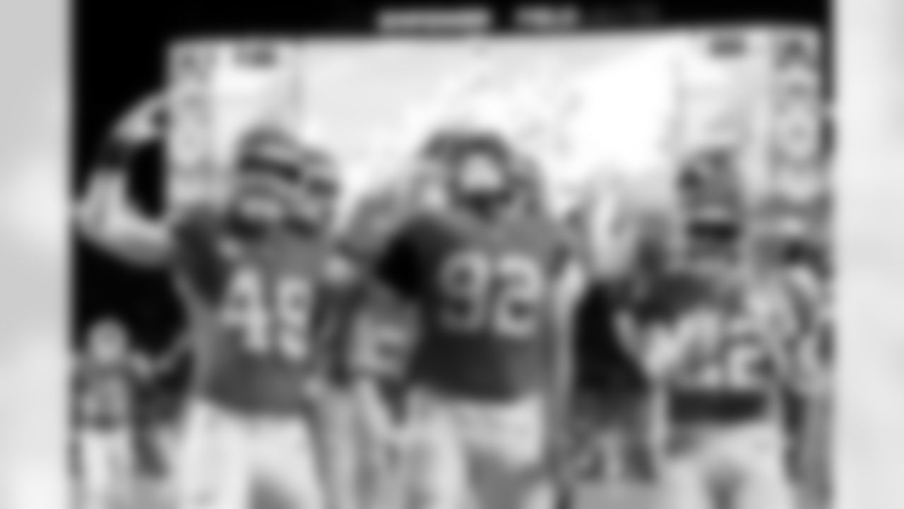 Denver Broncos linebacker Dondrea Tillman (92) celebrates an interception with his defense during the Broncos' Week 10 game against the Las Vegas Raiders at Empower Field at Mile High in Denver, Colorado on November 6, 2025. Photo by Gavin Liddell / Denver Broncos