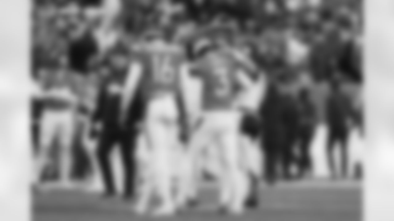 Wil Lutz (3) and Bo Nix during the Broncos' Divisional Round playoff game against the Buffalo Bills at Empower Field at Mile High in Denver, Colorado on January 17, 2026. Photo by Ben Swanson / Denver Broncos