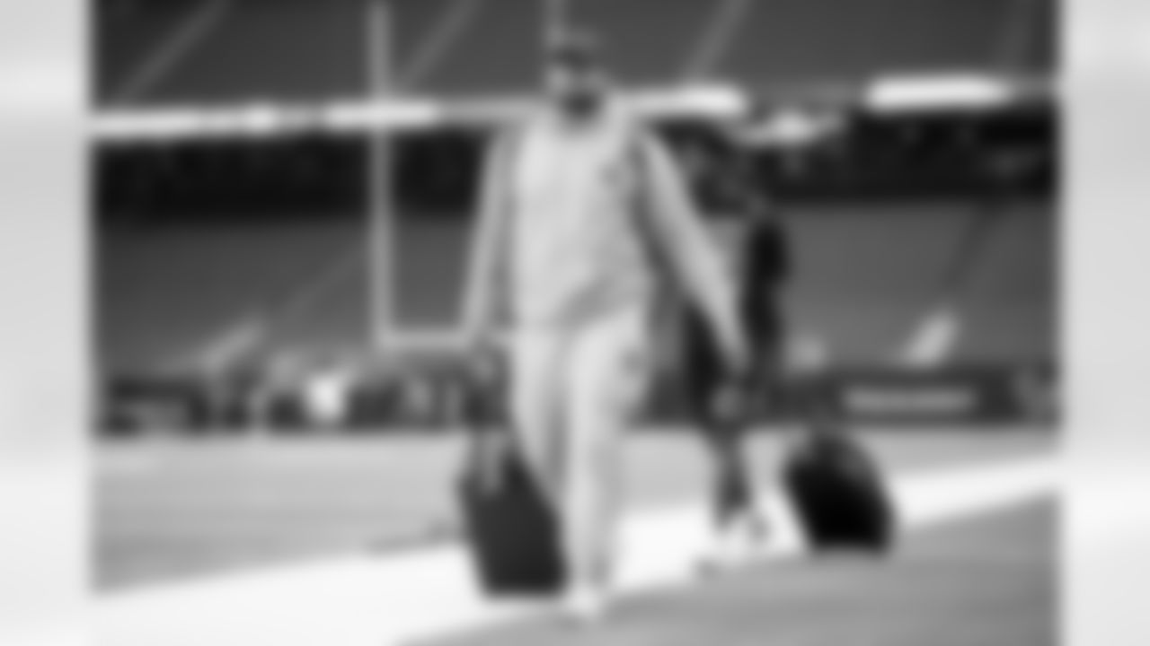 Matt Henningsen during team arrivals before the Broncos' Week 13 game against the Houston Texans at NRG Stadium in Houston, Texas on December 3, 2023. Photo by Ben Swanson / Denver Broncos