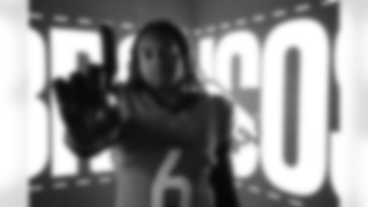 P.J. Locke poses during the filming of the 2025 in-stadium pregame hype video during media day.
Photo by Jamie Schwaberow / Denver Broncos