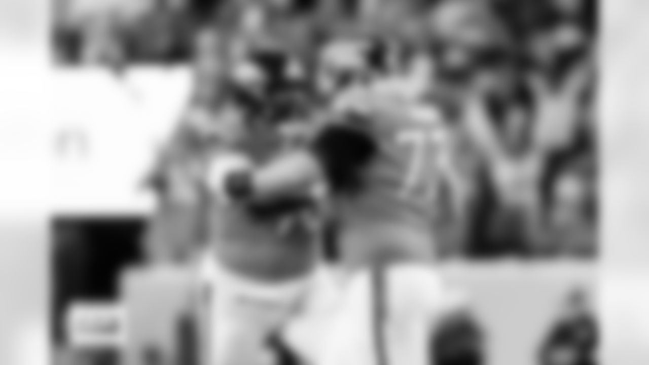 Denver Broncos defensive end Eyioma Uwazurike (96) celebrates with offensive tackle Frank Crum (73) after a blocked field goal during the Broncos' Week 11 game against the Kansas City Chiefs at Empower Field at Mile High in Denver, Colorado on November 16, 2025. Photo by Gabriel Christus / Denver Broncos